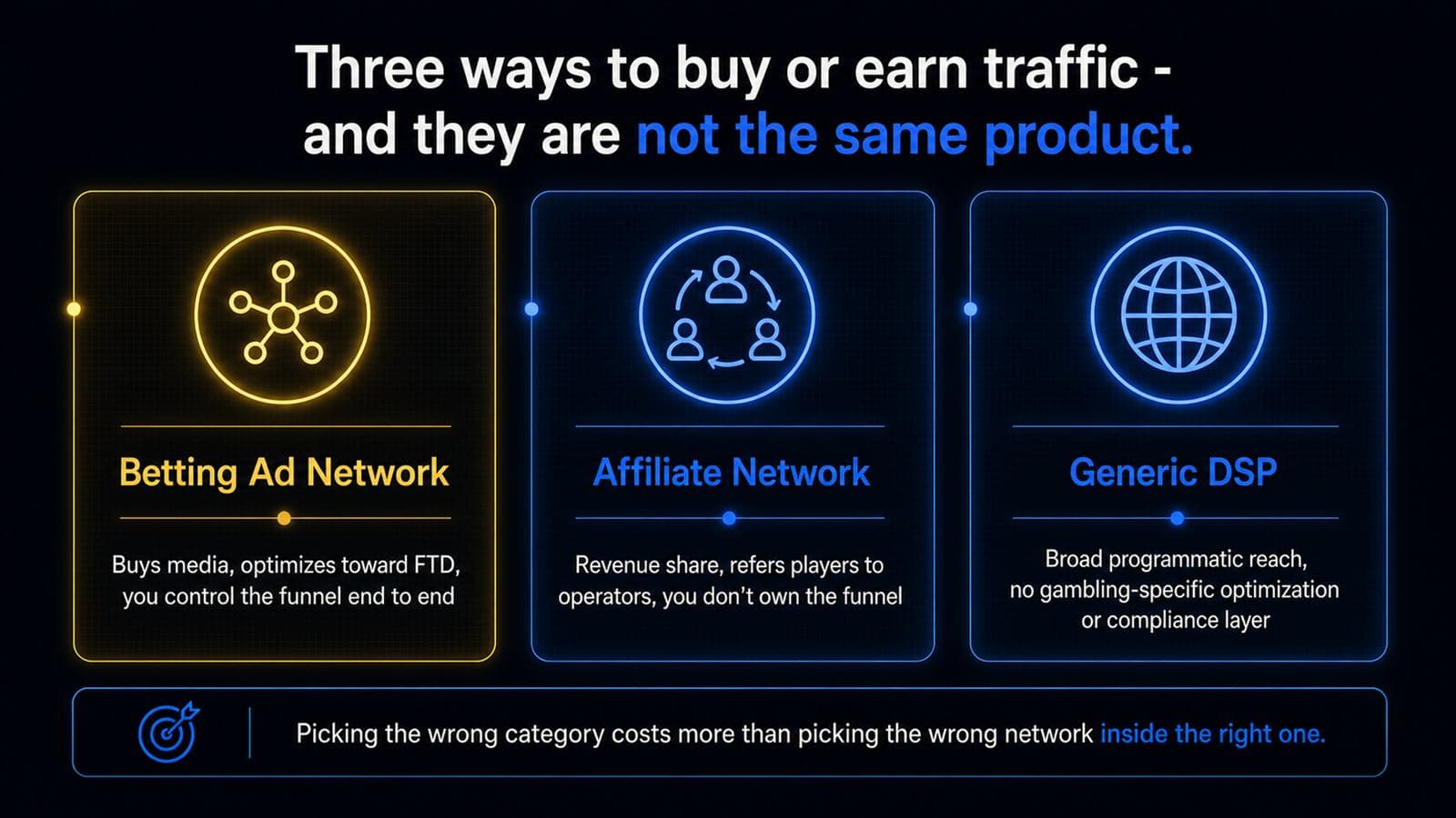 Three ways to buy or earn traffic: betting ad network buys media and optimizes toward FTD, affiliate network is revenue share, generic DSP has no gambling-specific optimization
