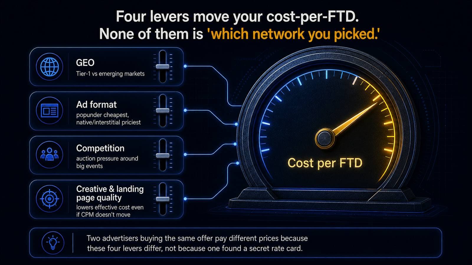 Four levers move cost per FTD: geo, ad format, competition, and creative and landing page quality, feeding into a single cost-per-FTD gauge