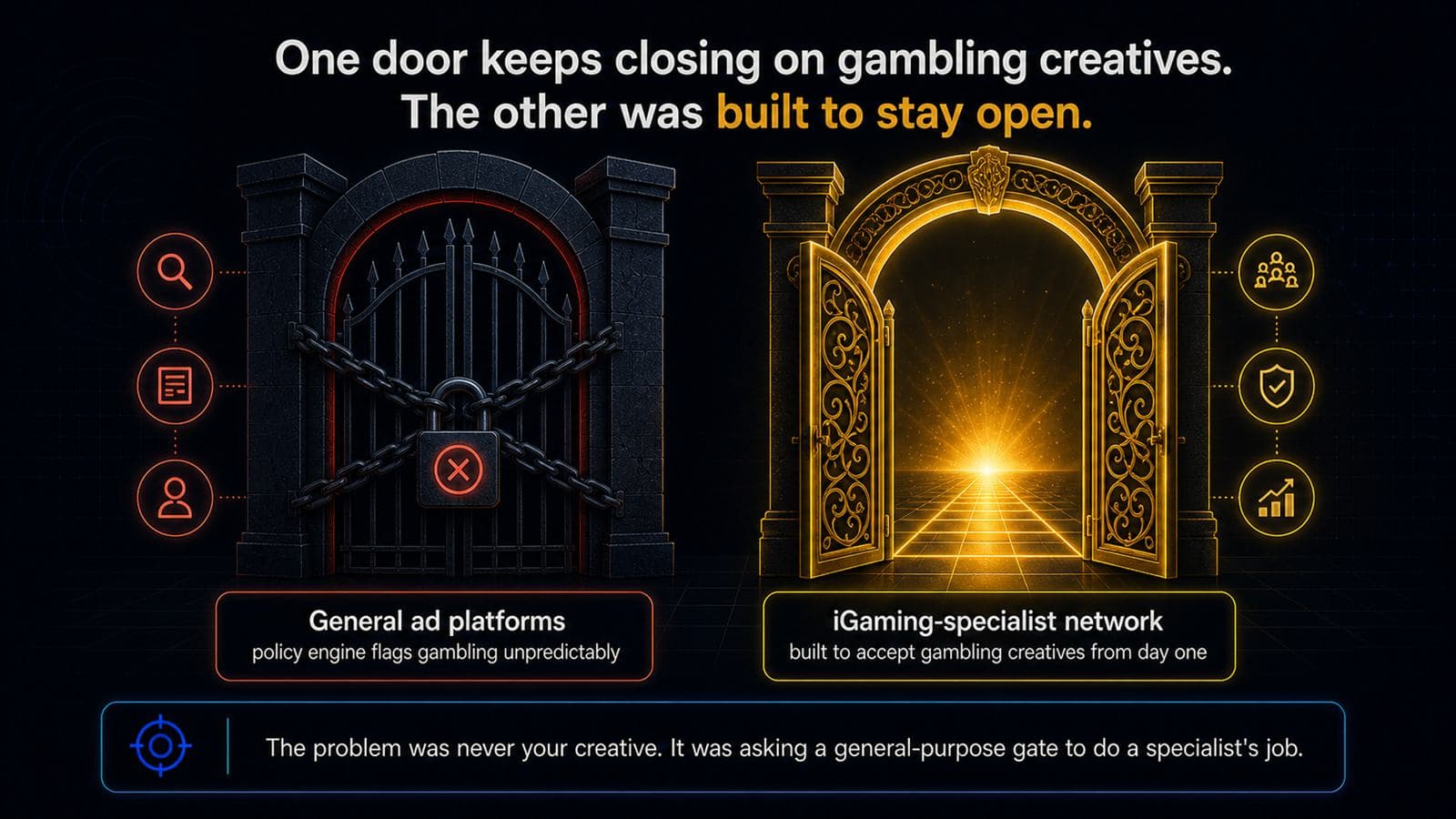 General ad platforms keep a locked gate on gambling creatives while an iGaming-specialist network was built to stay open