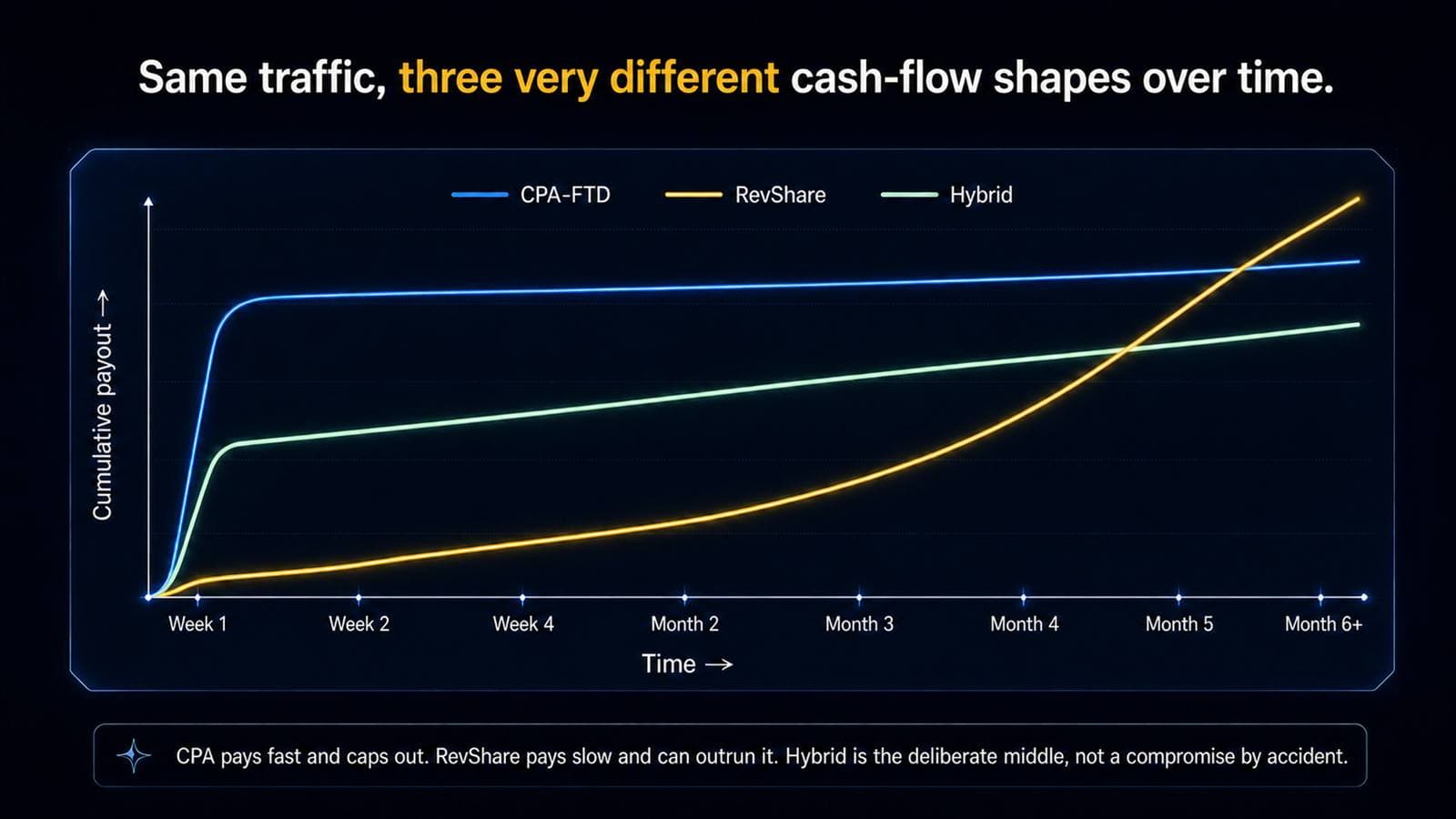 CPA-FTD pays fast and caps out, RevShare pays slowly and can outrun it over time, Hybrid is a deliberate middle path