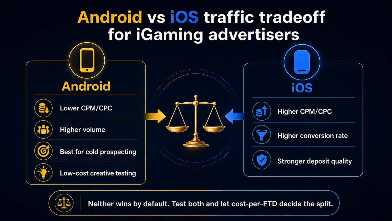 Android versus iOS traffic tradeoff for iGaming: Android has lower CPM and higher volume, iOS has higher cost and higher deposit quality