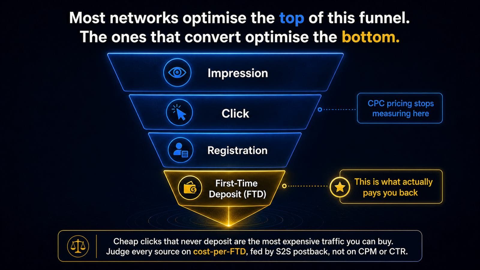 iGaming conversion funnel from impression to click to registration to first-time deposit, showing where CPC pricing stops measuring and why cost-per-FTD is what actually pays back